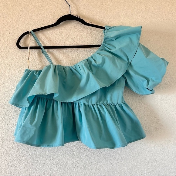 Forever 21 Women Ruffle Top Large NWT Peplum One Shoulder Puff Sleeve Turquoise - Picture 1 of 7